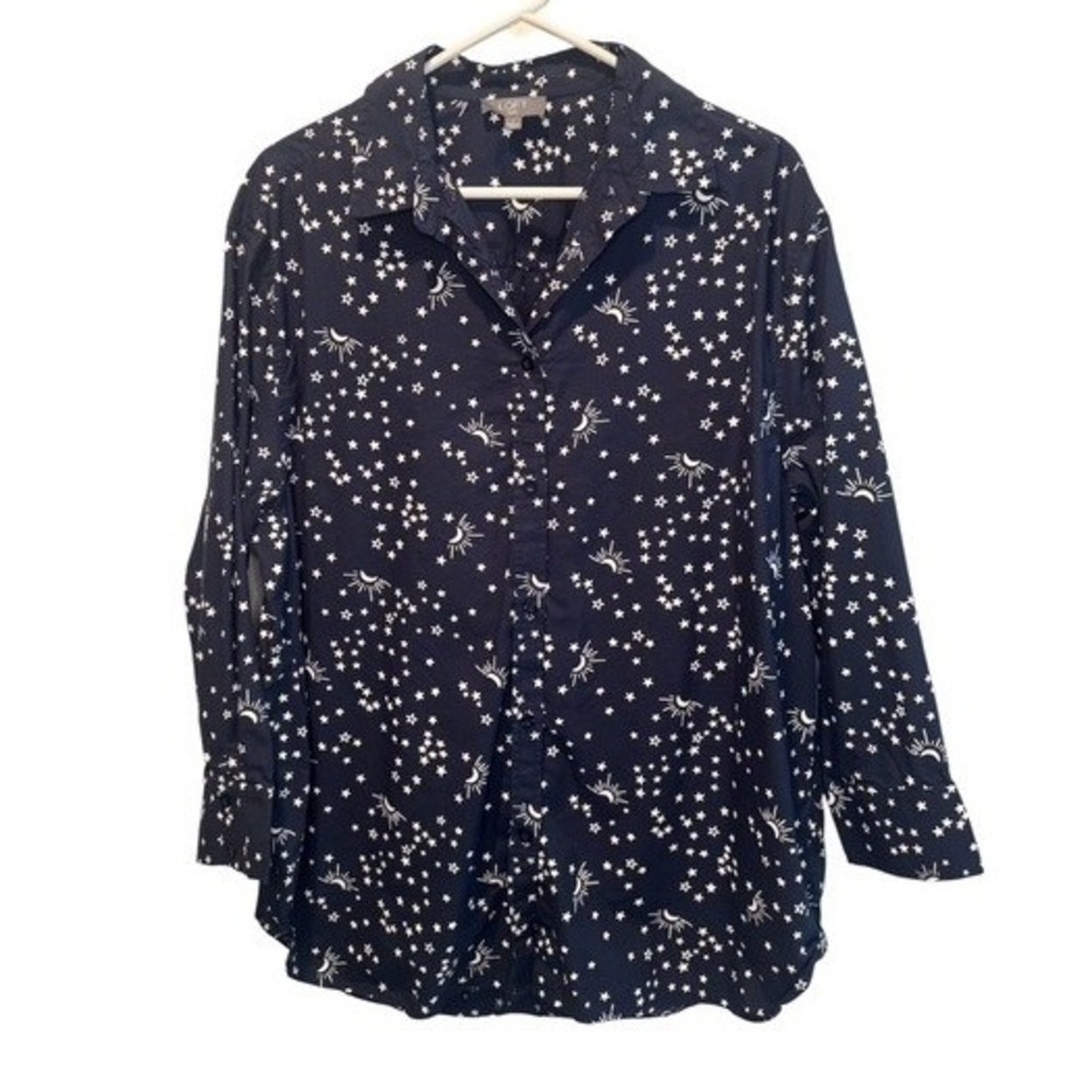 LOFT Womens Navy Blue Sleep Shirt Celestial Star Moon Button Down Small